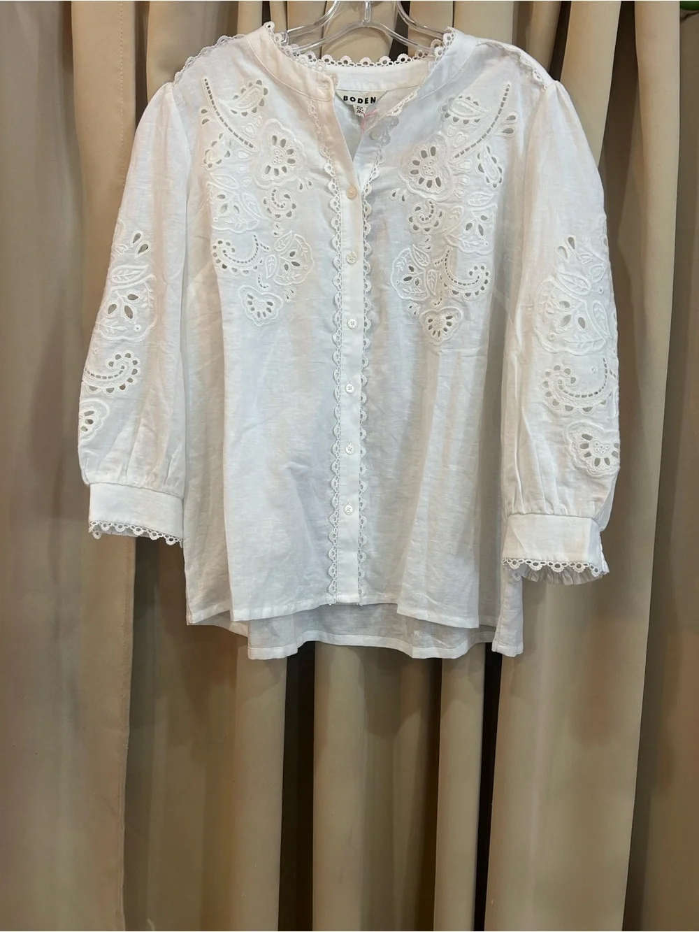 Boden White Eyelet Embroidered Linen Button-Front Blouse NWT size XL